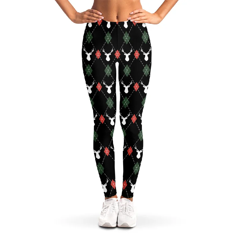 Christmas Deer Argyle Pattern Print Women's Leggings Stylish Colorful Activewear Leggings