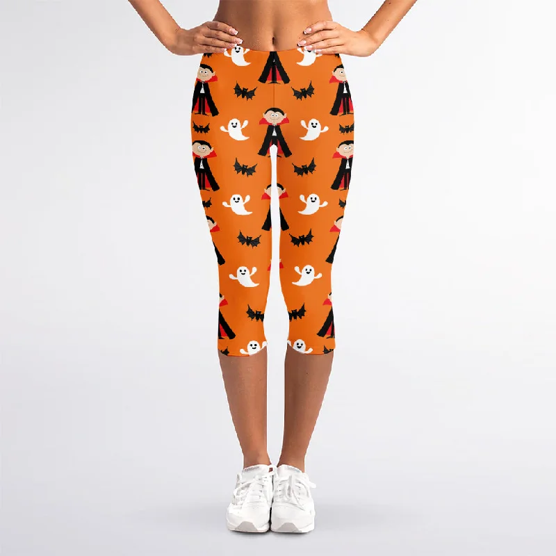 Cartoon Dracula Pattern Print Women's Capri Leggings Trendy High-Waist Tummy Control Leggings