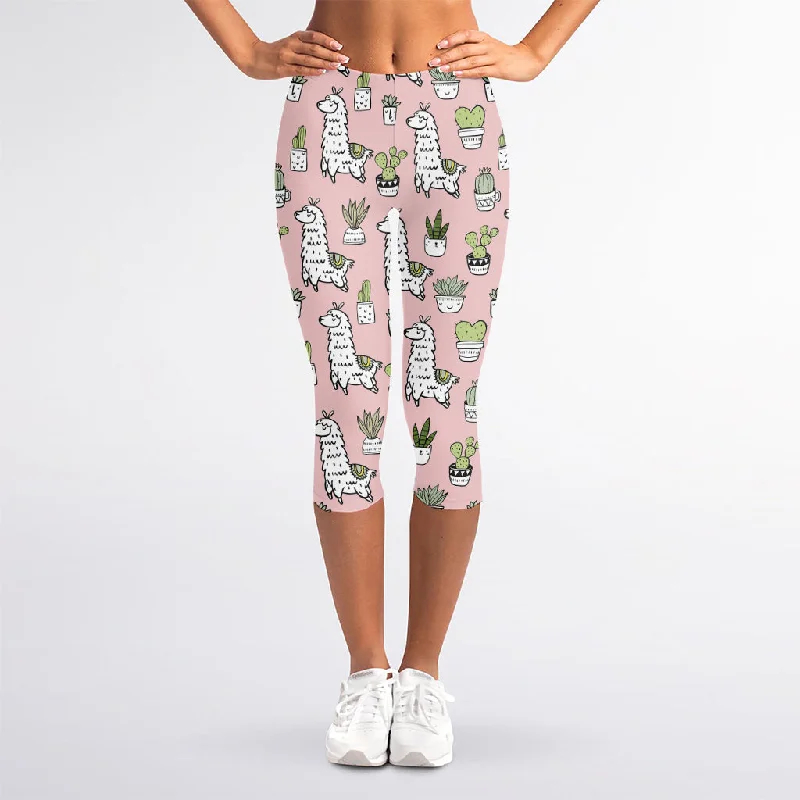 Cartoon Cactus And Llama Pattern Print Women's Capri Leggings Trendy Faux Suede Leggings Cartoon Cactus And Llama Pattern Print Women's Capri Leggings Trendy Faux Suede Leggings