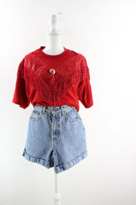 Vintage Red T-Shirt (L) Real Fur Shearling Chenille