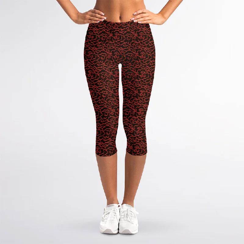 Chinese Cloud Pattern Print Women's Capri Leggings Comfortable Zip-Up Leggings