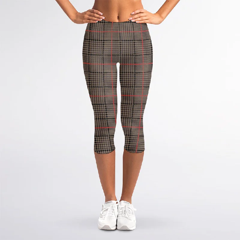 Brown Prince of Wales Check Print Women's Capri Leggings Stylish Sporty Performance Leggings