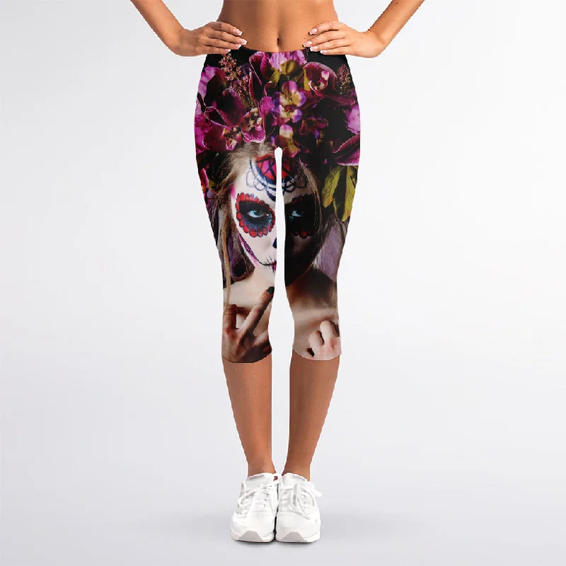 Calavera Girl Day of The Dead Print Women's Capri Leggings Trendy Seamless Fit Leggings