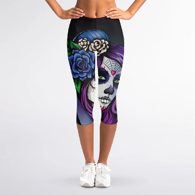 Calavera Girl Dia De Los Muertos Print Women's Capri Leggings Elegant Embellished Leggings