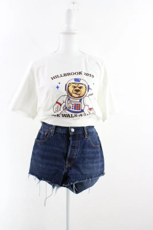 Vintage White Space Bear T-Shirt (L) Striped Floral Plaid