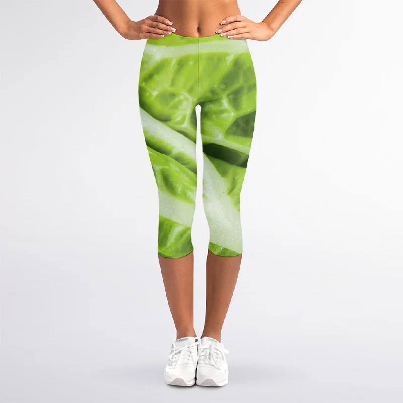 Chinese Cabbage Leaf Print Women's Capri Leggings Fashionable Ribbed Knit Leggings