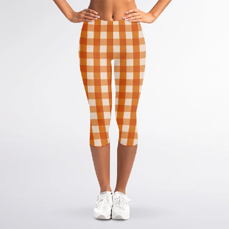 Burnt Orange And White Check Print Women's Capri Leggings Stylish Sweatproof Leggings