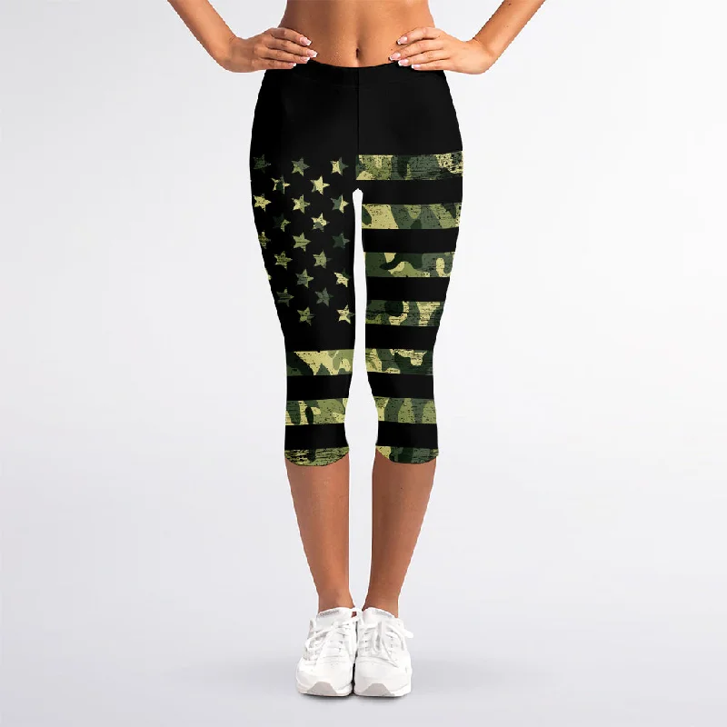 Camouflage American Flag Print Women's Capri Leggings Trendy Polka Dot Leggings