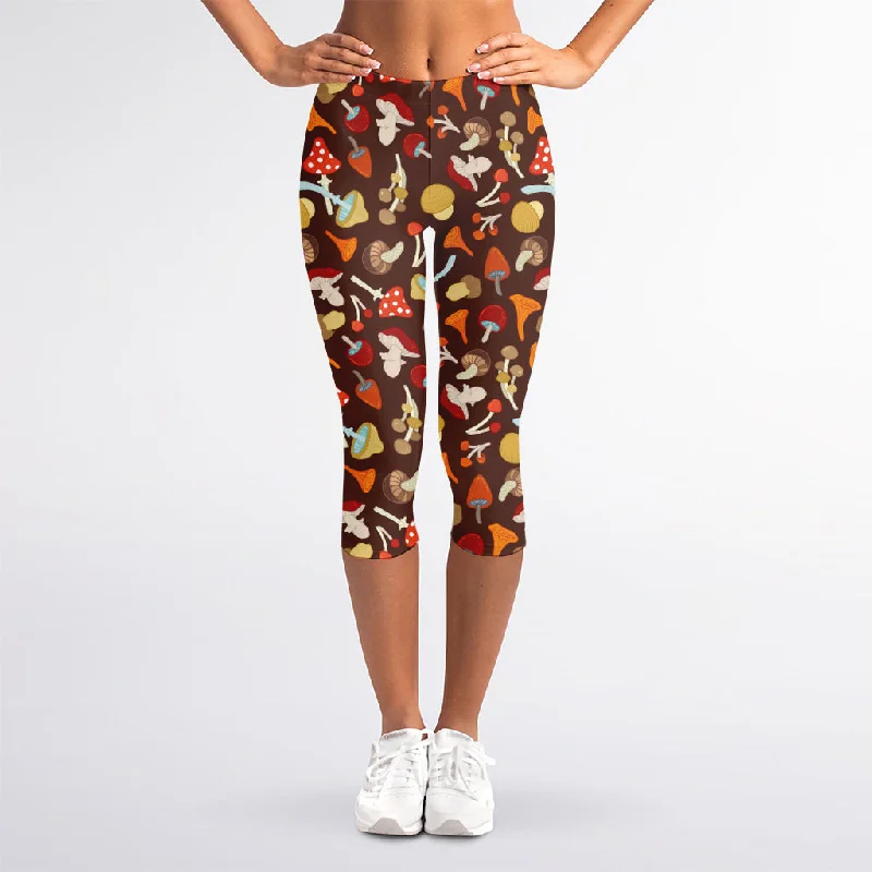 Cartoon Mushroom Pattern Print Women's Capri Leggings Stylish Faux Leather Leggings