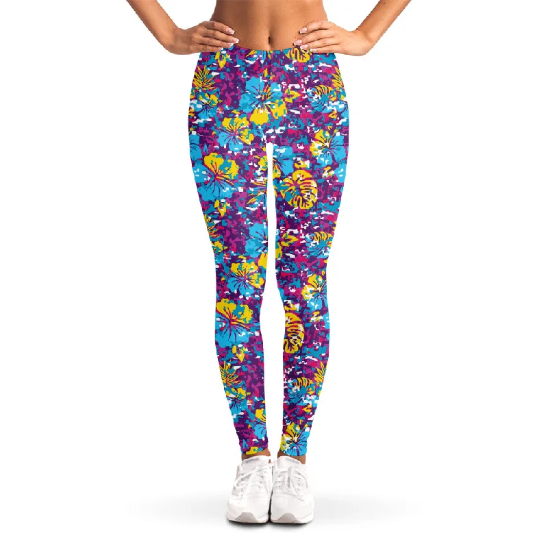 Colorful Aloha Camouflage Flower Print Women's Leggings Comfortable Ribbed Waistband Leggings