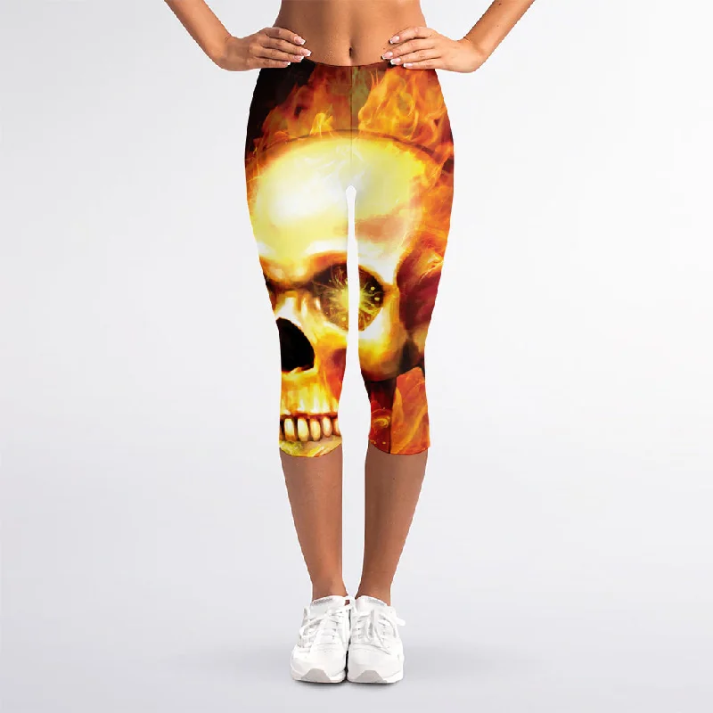 Burning Evil Skull Print Women's Capri Leggings Trendy Fitness Leggings