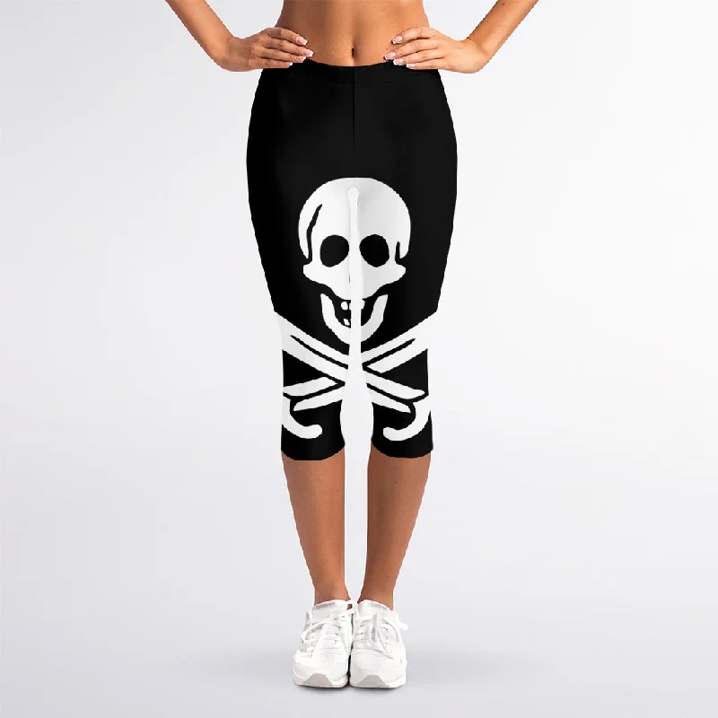 Calico Jack Pirate Flag Print Women's Capri Leggings Cozy Reflective Detail Leggings