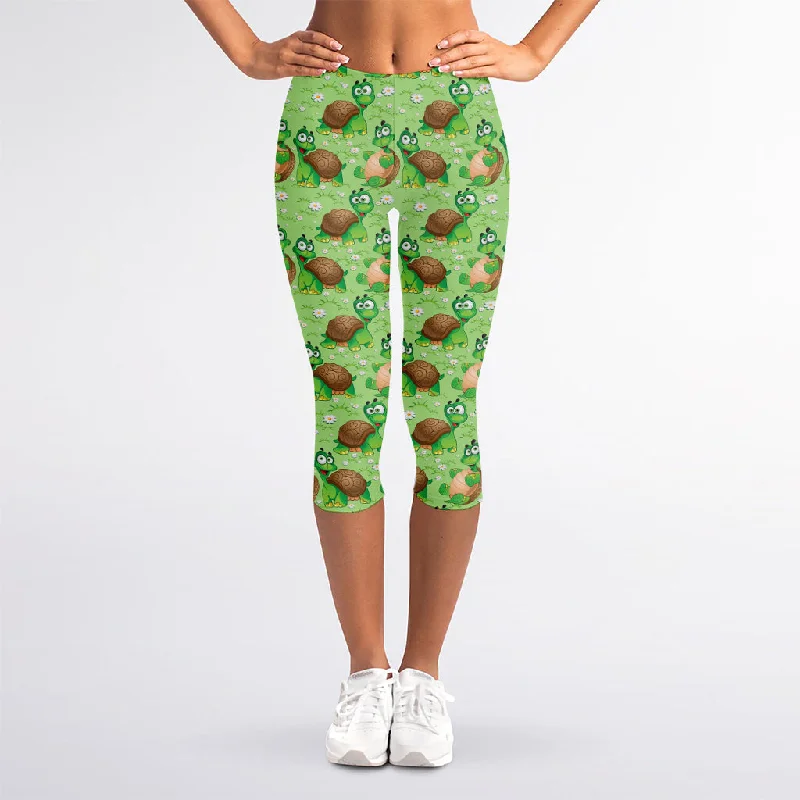 Cartoon Turtle Pattern Print Women's Capri Leggings Fashionable Seamless Leggings