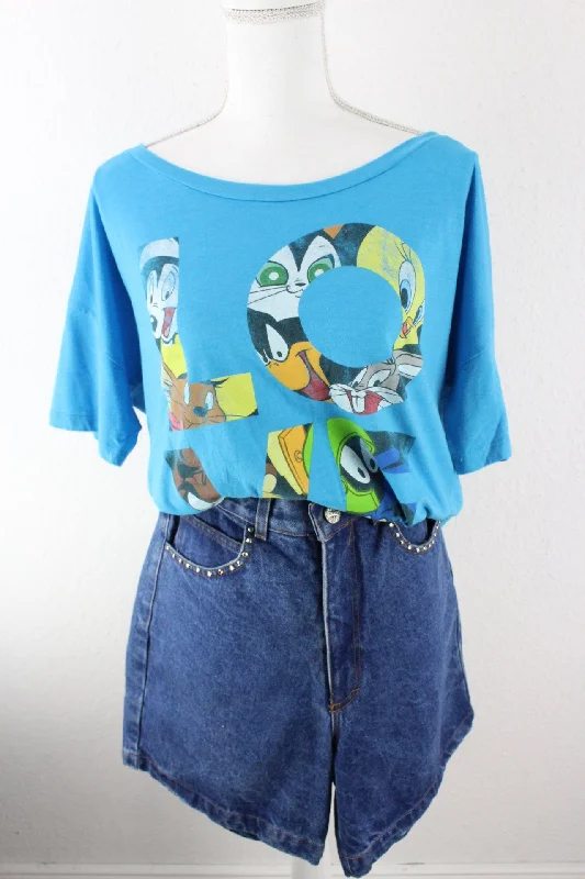 Vintage Blue Looney Tunes T-Shirt (XL) Rayon Velvet Corduroy