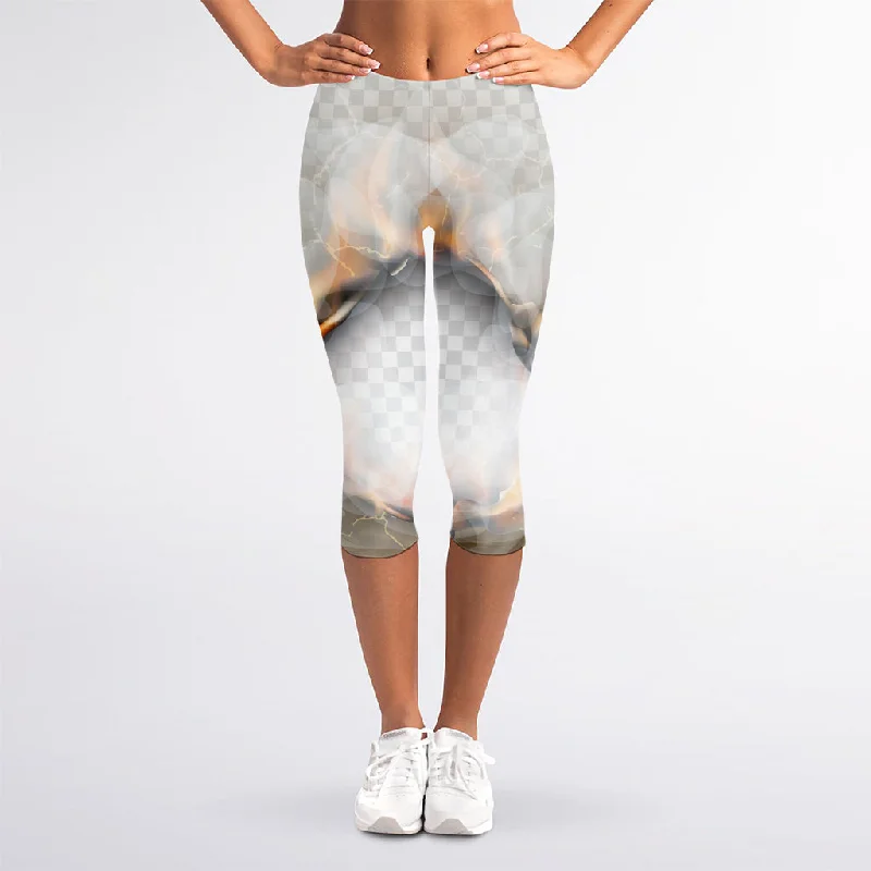 Burning Hole Print Women's Capri Leggings Trendy Black Mesh Leggings