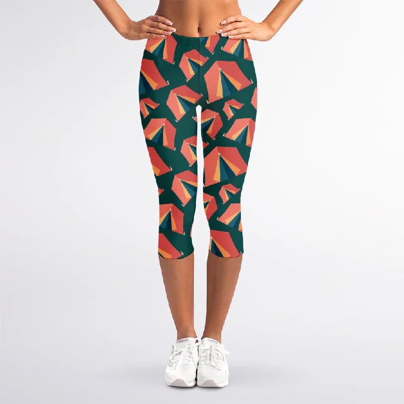 Camping Tent Pattern Print Women's Capri Leggings Elegant Satin Finish Leggings