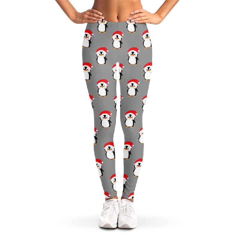 Christmas Santa Penguin Pattern Print Women's Leggings Elegant Stretchy Faux Leather Leggings