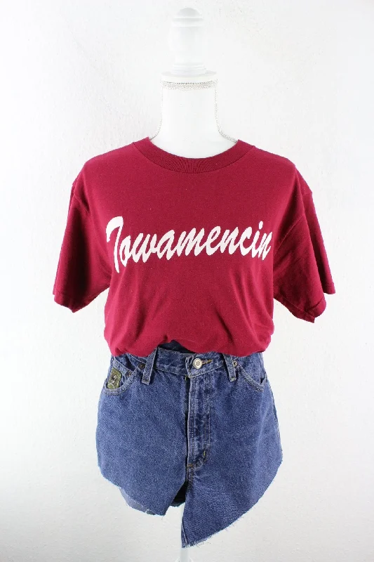 Vintage Red Basic Fruit Of The Loom T-Shirt (M) Embroidered Appliqued Beaded