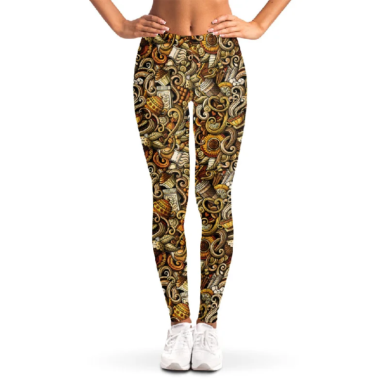 Coffee Drawing Pattern Print Women's Leggings Trendy Black Mesh Leggings