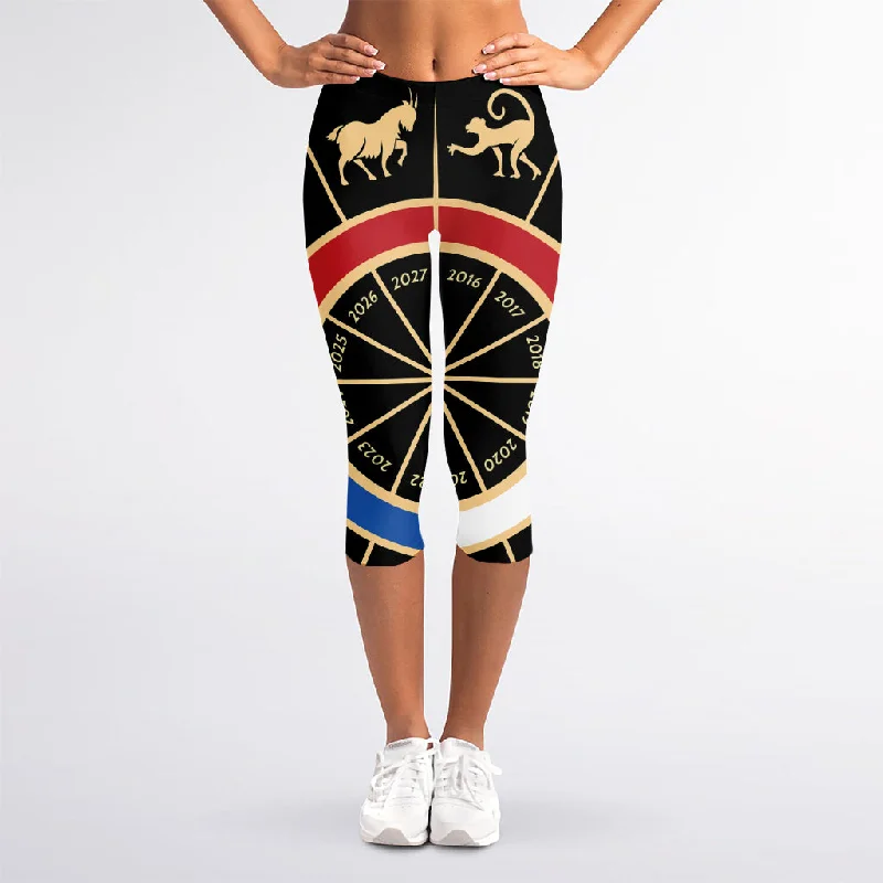 Chinese Zodiac Calendar Wheel Print Women's Capri Leggings Fashionable Solid Color Tights Chinese Zodiac Calendar Wheel Print Women's Capri Leggings Fashionable Solid Color Tights