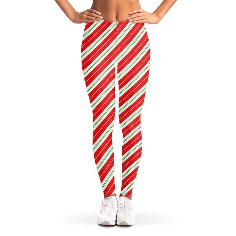 Christmas Candy Cane Stripes Print Women's Leggings Comfortable Ribbed Sports Leggings
