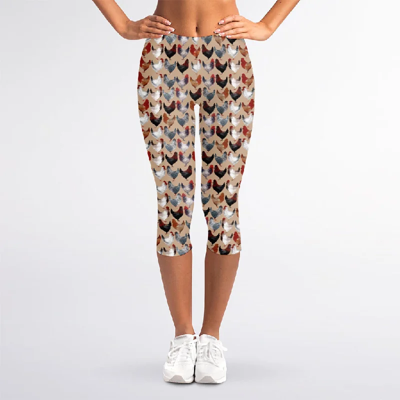 Chicken Painting Pattern Print Women's Capri Leggings Fashionable Stretchy Fit Leggings