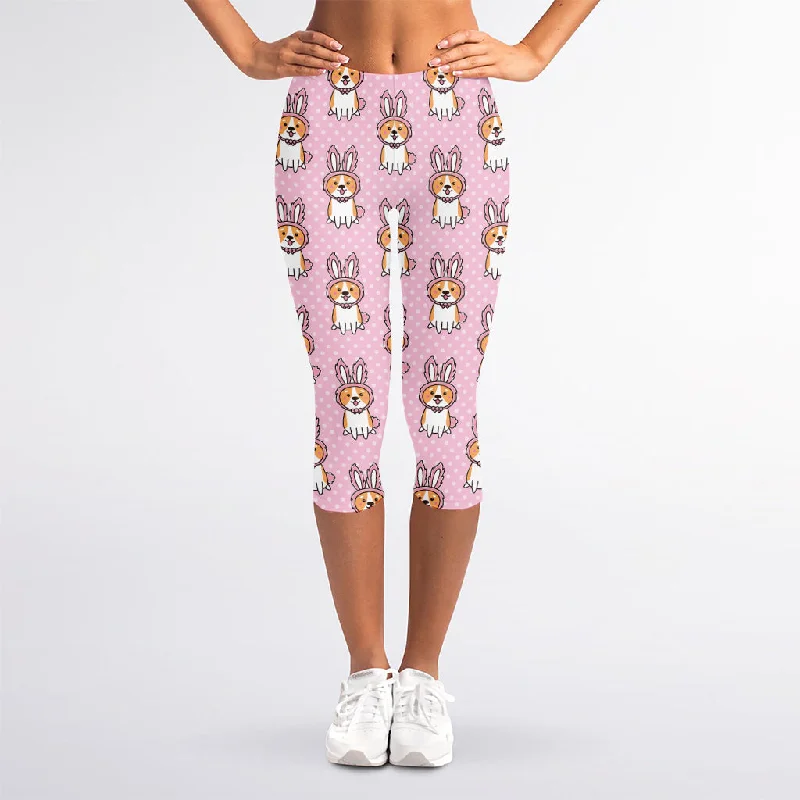Bunny Corgi Pattern Print Women's Capri Leggings Trendy Cold Weather Tights