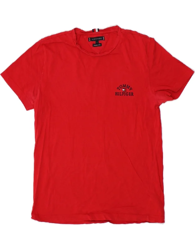 TOMMY HILFIGER Womens T-Shirt Top UK 16 Large Red Cotton Silk Blend Satin Velvet