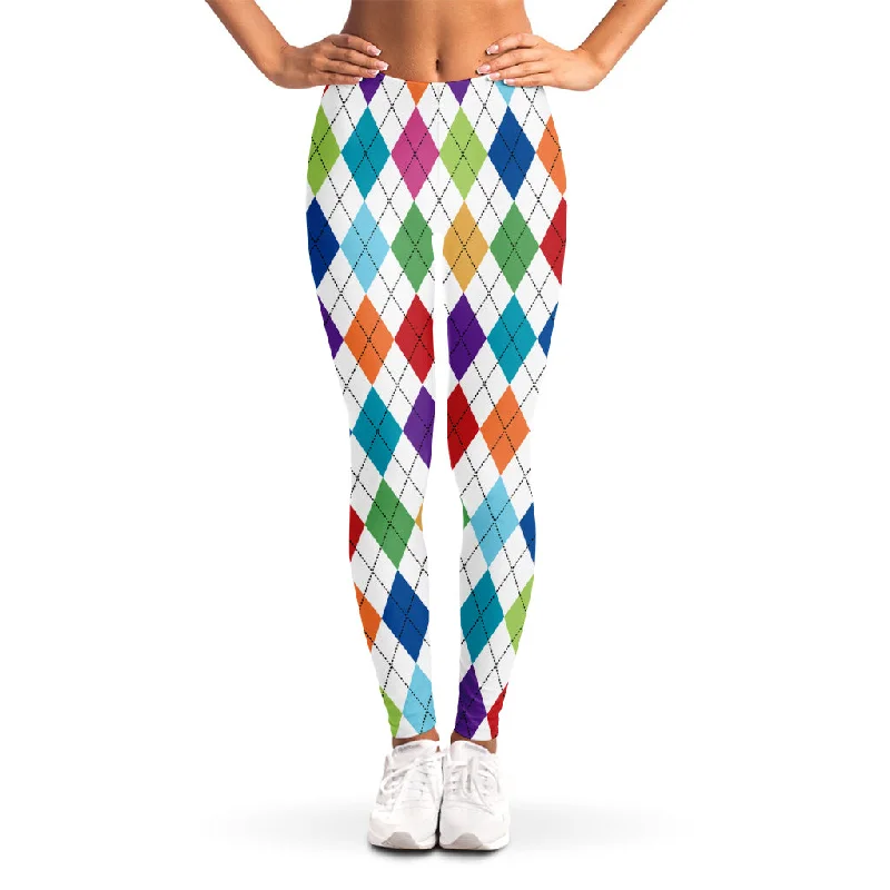 Colorful Argyle Pattern Print Women's Leggings Elegant Shiny Black Leggings