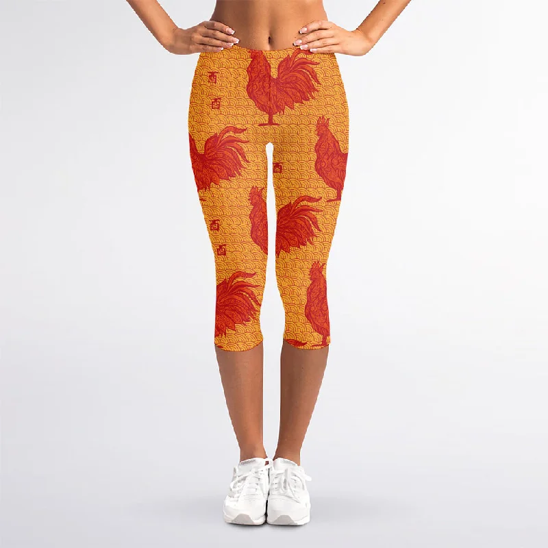 Chinese Rooster Pattern Print Women's Capri Leggings Trendy Adjustable Waist Leggings Chinese Rooster Pattern Print Women's Capri Leggings Trendy Adjustable Waist Leggings