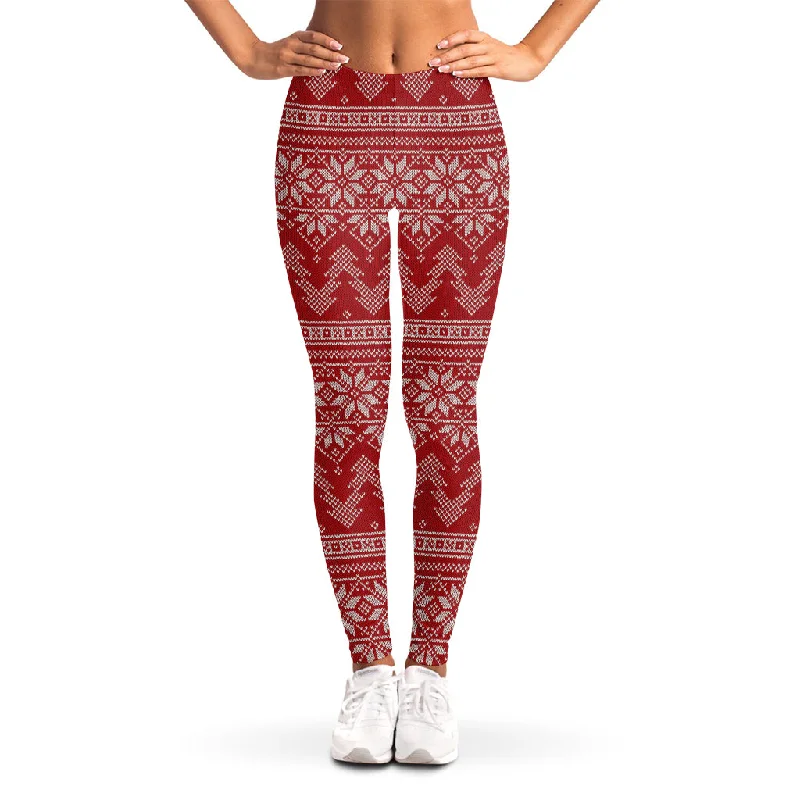 Christmas Festive Knitted Pattern Print Women's Leggings Trendy Faux Suede Leggings