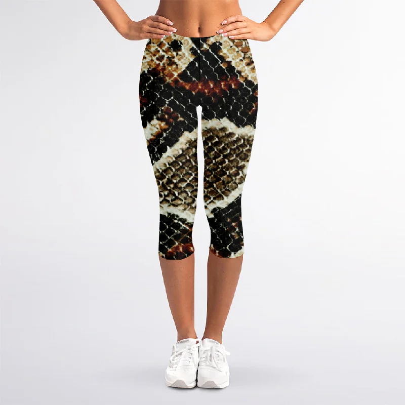 Brown And Black Snakeskin Print Women's Capri Leggings Casual Slim-Fit Leggings