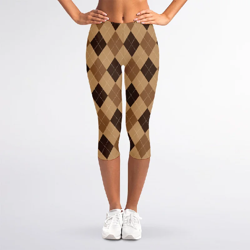 Brown Argyle Pattern Print Women's Capri Leggings Comfortable Fleece-Lined Leggings