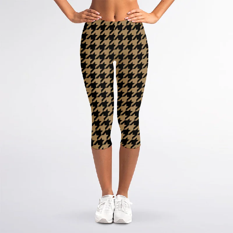 Brown And Black Houndstooth Print Women's Capri Leggings Cozy Bootcut Leggings