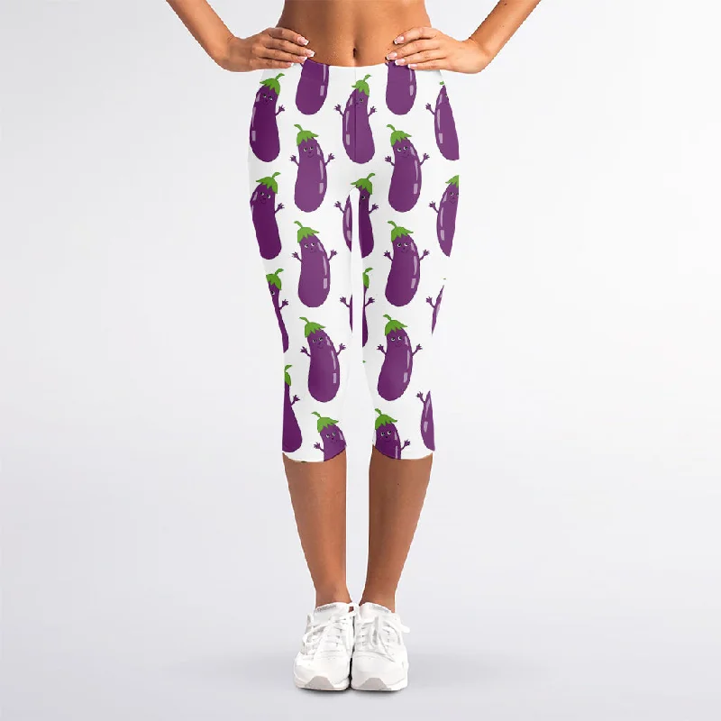 Cartoon Eggplant Pattern Print Women's Capri Leggings Stylish Sweatproof Leggings
