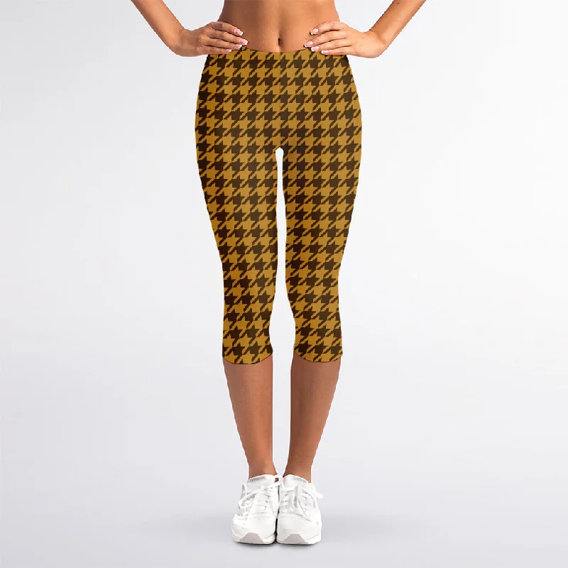 Brown Houndstooth Pattern Print Women's Capri Leggings Trendy Colorblock Print Leggings