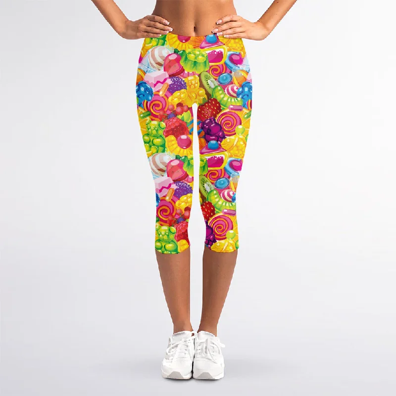 Candy And Jelly Pattern Print Women's Capri Leggings Cozy Ribbed Leggings