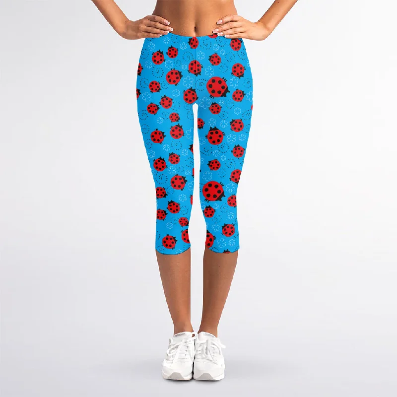 Cartoon Ladybird Pattern Print Women's Capri Leggings Trendy Digital Print Leggings