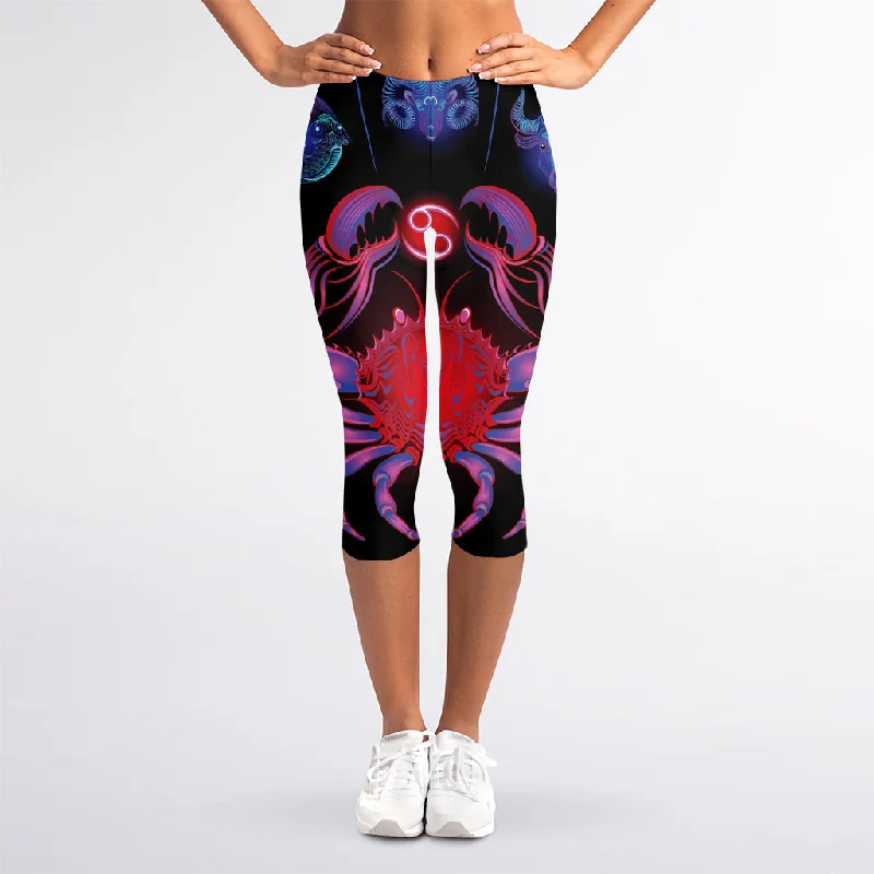 Cancer And Astrological Signs Print Women's Capri Leggings Elegant Metallic Leggings