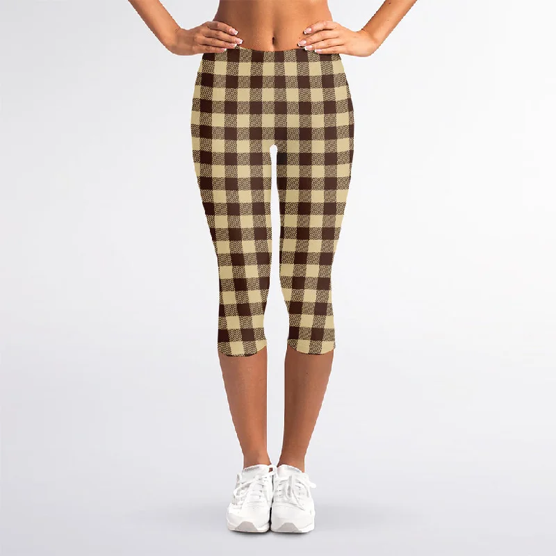 Brown And Beige Buffalo Check Print Women's Capri Leggings Elegant Velvet Leggings