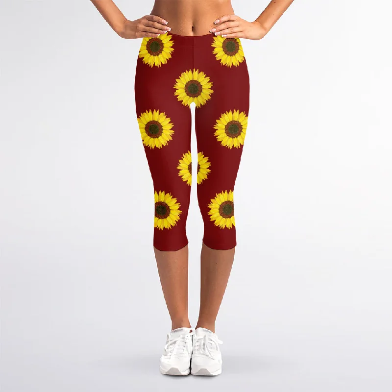 Burgundy Sunflower Pattern Print Women's Capri Leggings Stylish Everyday Leggings