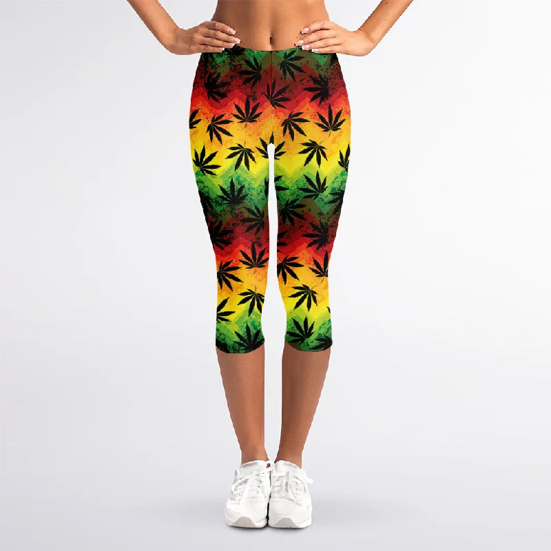 Cannabis Rasta Pattern Print Women's Capri Leggings Casual Sporty Leggings