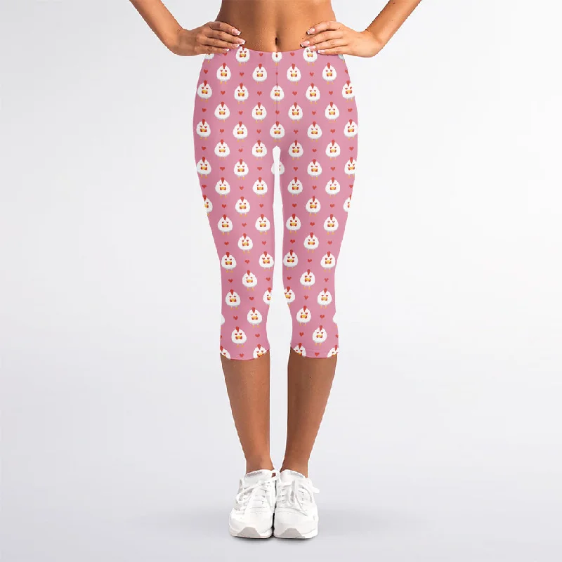 Chicken Love Emoji Pattern Print Women's Capri Leggings Trendy Seamless Sports Leggings