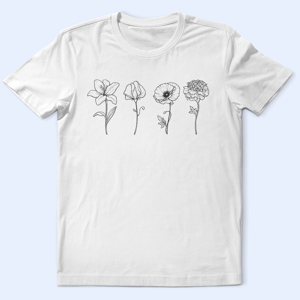 Birth Month Flowers Mom Grandma - Personalized T Shirt Collared Crew Neck Turtle Neck