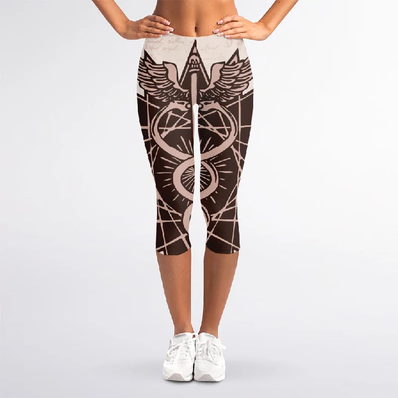 Caduceus Symbol Print Women's Capri Leggings Fashionable Solid Color Tights