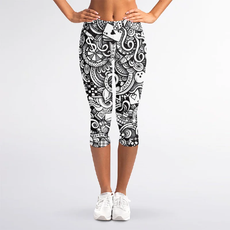 Cartoon Casino Card Pattern Print Women's Capri Leggings Elegant Textured Leggings
