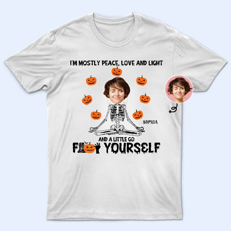 Custom Photo I'm Mostly Peace Love And Light - Funny Halloween Gift For Yoga Lovers, Women, Men - Personalized T Shirt Polka Dot Checkered Tartan Custom Photo I'm Mostly Peace Love And Light - Funny Halloween Gift For Yoga Lovers, Women, Men - Personalized T Shirt Polka Dot Checkered Tartan