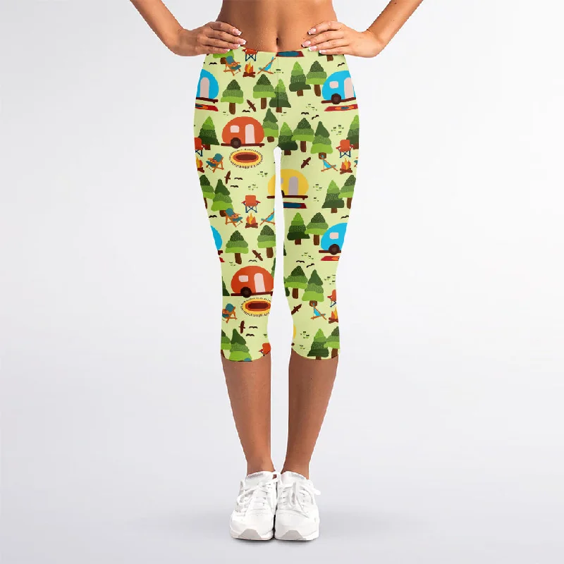 Camping Picnic Pattern Print Women's Capri Leggings Comfortable Bootcut Workout Leggings