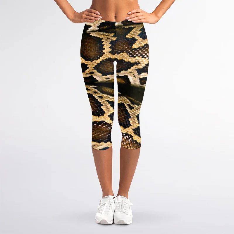 Burmese Python Snake Print Women's Capri Leggings Comfortable Zip-Up Leggings