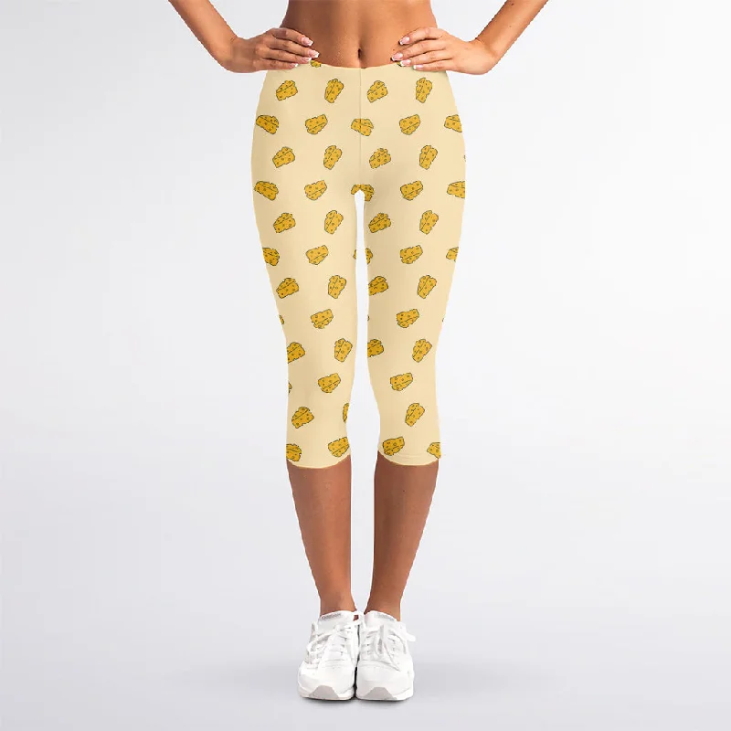 Cartoon Cheese Pattern Print Women's Capri Leggings Chic Smooth Fit Leggings